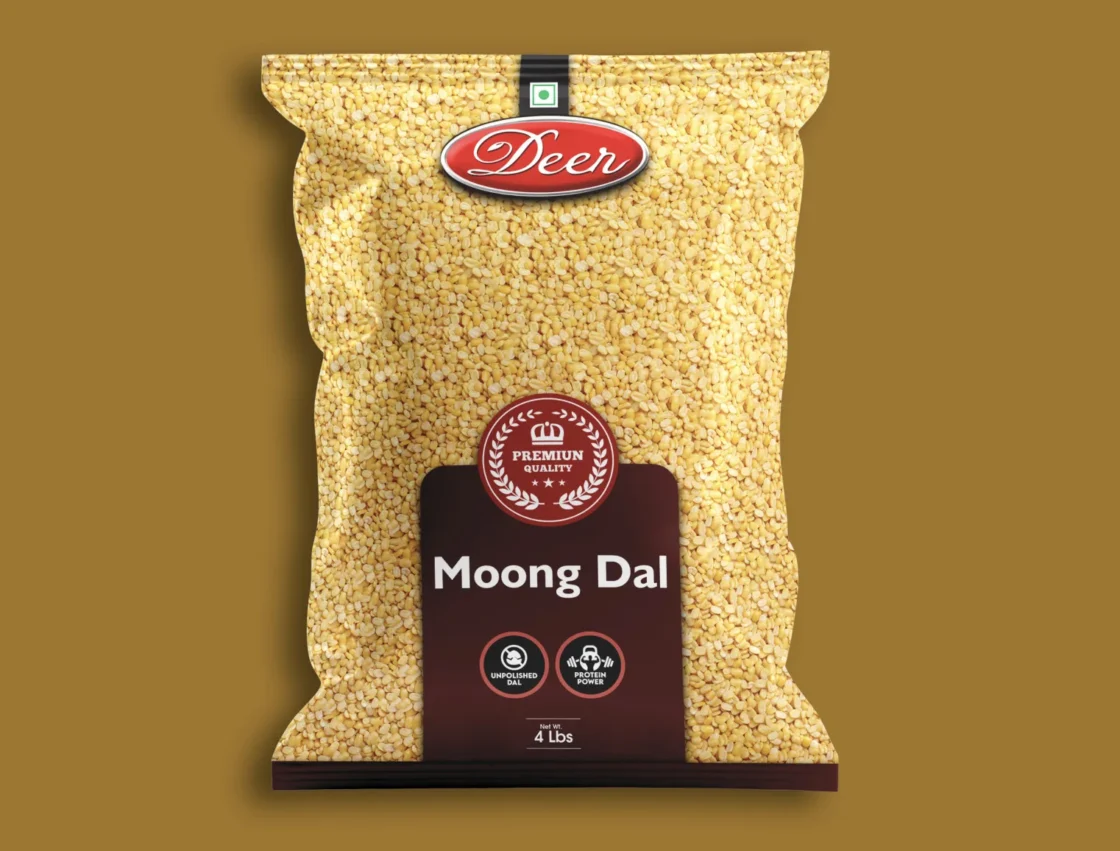 Deer brand Moong Dal premium quality 4 lbs bulk package for food service and wholesale distribution, featuring unpolished dal for commercial food suppliers.