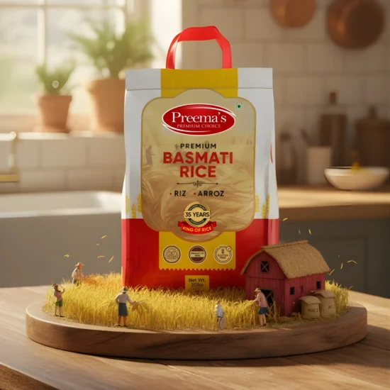 Preema's premium basmati rice 20kg bag displayed with farm harvest theme, ideal for wholesale food suppliers and commercial food distributors.
