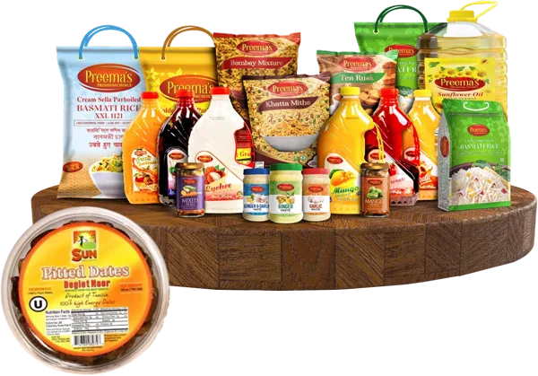 Comprehensive Preminas branded food product assortment including basmati rice, oils, and spices displayed for wholesale food distribution and foodservice suppliers.