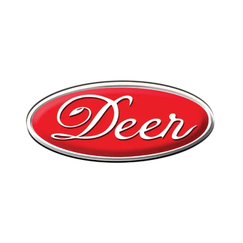 Red oval chrome emblem with white Deer script logo on glossy background.