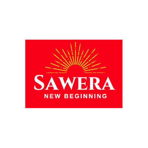 Sawira logo with golden sun rays on red background symbolizing new beginnings.