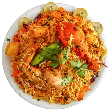 Colorful seafood biryani with shrimp, spices, and fresh garnishes on a vibrant plate.