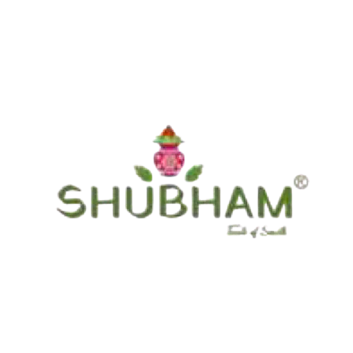 Green and pink Shubham logo with floral emblem and leaves on black background.
