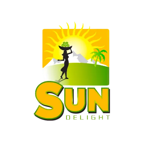 Tropical sunrise logo with woman silhouette, palm tree, and bold Sun Delight branding.