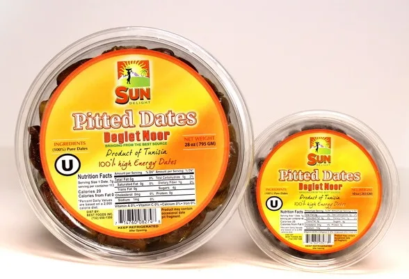 Sun brand pitted dates in bulk packaging for food distributors and wholesale suppliers, featuring nutrition facts and product of Tunisia certification.