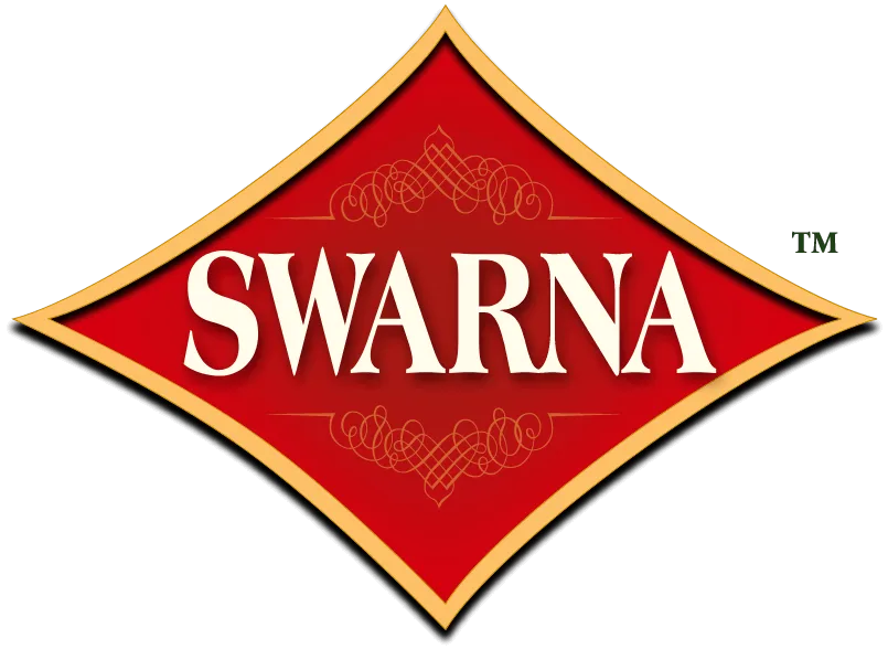 Swarna trademark logo featuring red diamond shape with gold border for food industry branding and wholesale distribution.