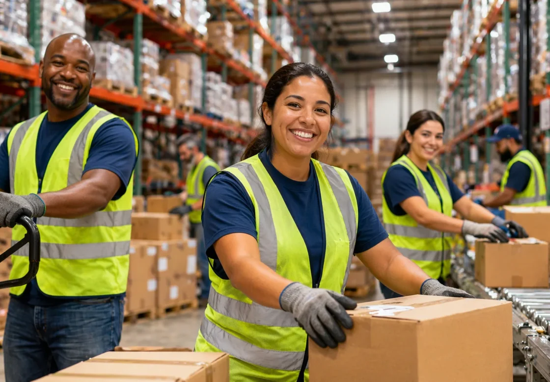 Diverse warehouse workers in safety vests sorting cardboard boxes on a conveyor line in a commercial food distribution center.